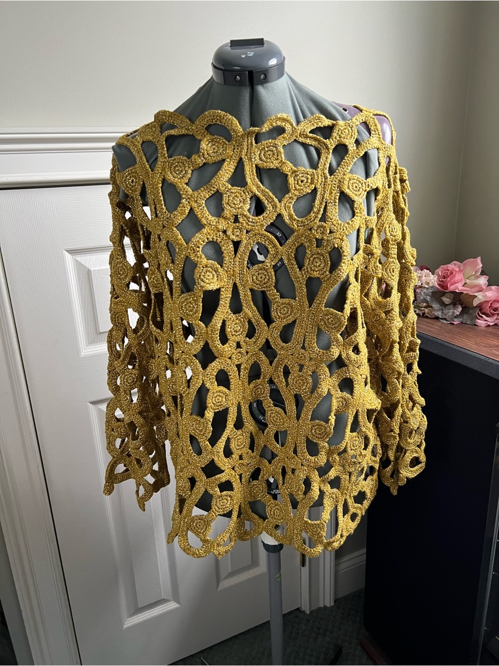 Michael Simon L XL XXL Open crochet sweater Gold Rose Sparkle Fall Christmas